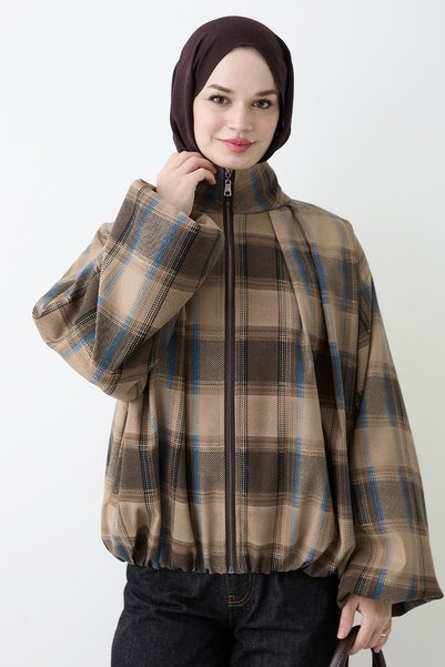 InStyle Fermuarlı Sütlü Kahve Ekose Bomber Ceket