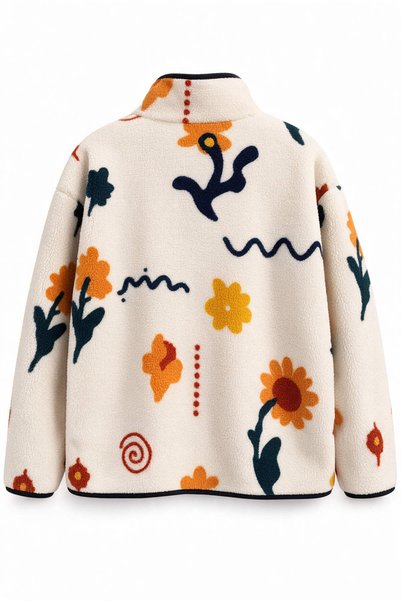 Sue Store Ekru Lacivert Çiçek Desenli Fermuarlı Oversize Peluş Sweatshirt