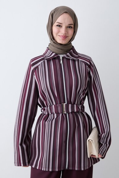 InStyle Çizgili Kemerli Mürdüm Takım