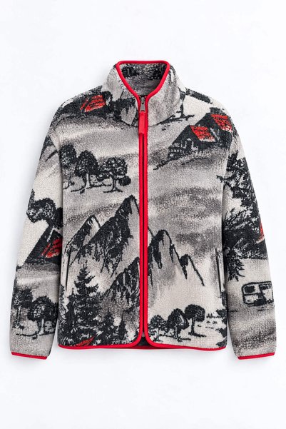 Sue Store Gri Kırmızı Siyah Kış Desenli Fermuarlı Oversize Peluş Sweatshirt