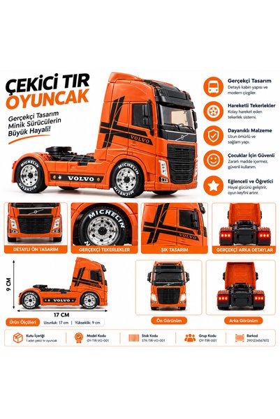 Tekinex Turuncu Çekici Tır Oyuncak – Volvo Tasarımlı, Siyah Detaylı, Krom Gör...