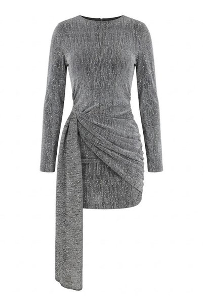 KECHİ WOMAN Stone Detailed Draped Long Sleeve Dress-Grey Gray
