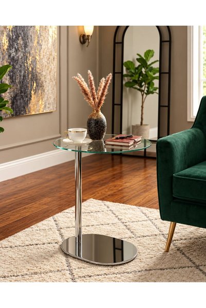 TrentonGCC Oval Glass Side Table 30 x 35 cm, Modern Decorative Accent Table f...