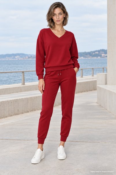 Valeria Butik V-Neck Viscose Two-Thread Trouser Suit Red