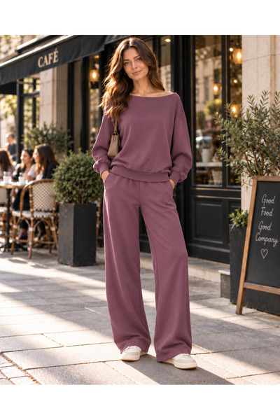 LILAC طقم بدلة رياضية نسائية باللون الأرجواني مع ياقة قاربية وخصر مطاطي وجيوب