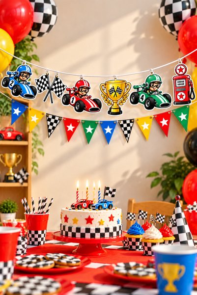 GREATOY Retro Yarış Temalı 6'lı Figür Banner ve 10'lu Renkli Üçgen Flama Doğu...