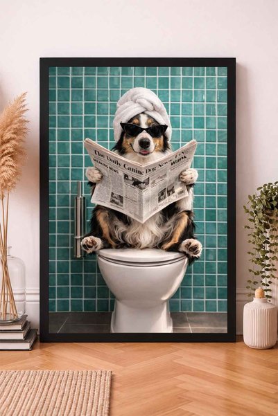 dudekohome Dudeko Home Tuvalette Gazete Okuyan Köpek Siyah Çerçeveli Banyo Ta...