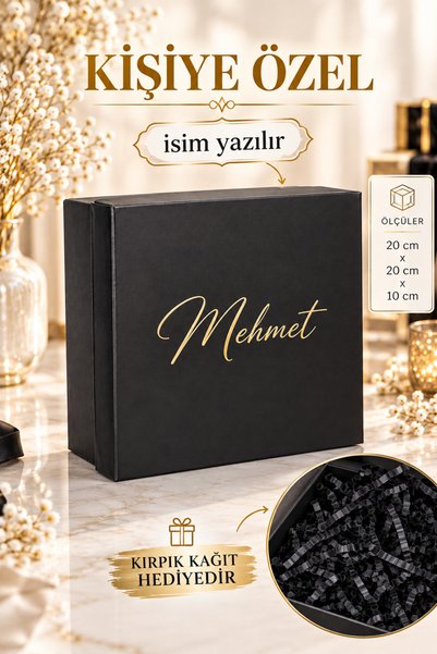 ADENZ Hediye Kutusu Kişiye Özel İsim Baskılı & Siyah Zigzag Kırpık Kağıt 20x2...