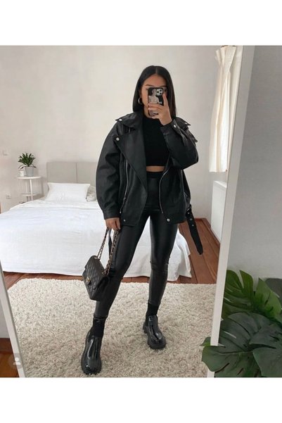 Ekim Store Μακρύ μαύρο δερμάτινο μπουφάν Boyfriend με ζώνη