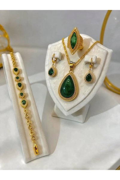 WAMTAKIN Damla Zümrüt Yeşili Kolye-Küpe-Bileklik Yüzük Set