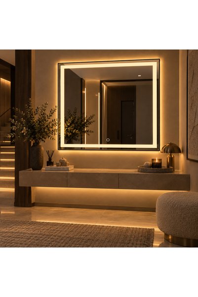 Dokunmatik Kumlu LED Banyo Aynası – Işıklı Dikdörtgen Duvar Aynası, Modern Dekoratif Makyaj ve Lavabo Aynası