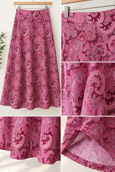 FioraModa Beli Lastikli Etnik Desenli Pembe Kloş Etek