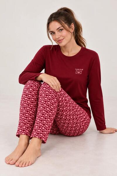 gd goldoremi Women's Heart Patterned Lycra Thermal Fabric Claret Red Long Sle...