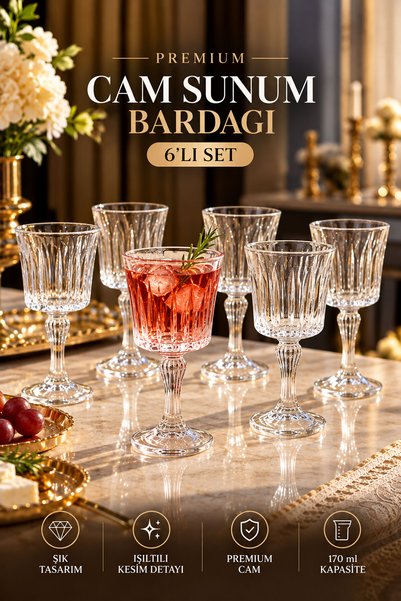 Mutfiko Premium 6'lı Ayaklı Cam Sunum Bardağı 170 ml – Işıltılı Kesim Desenli...