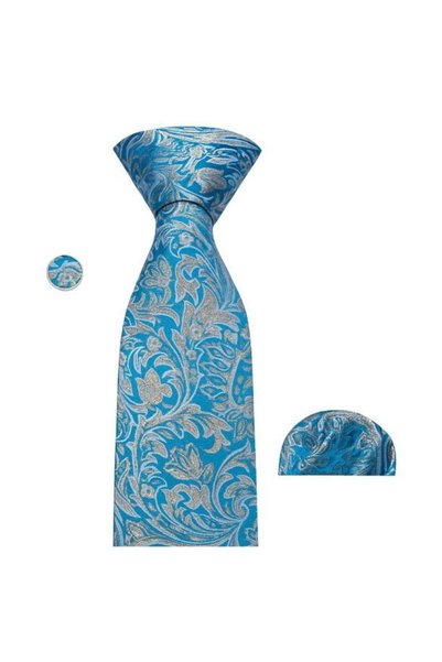 Generic Brand Set cravata matase + batista + butoni, culoare bleu cu model fl...