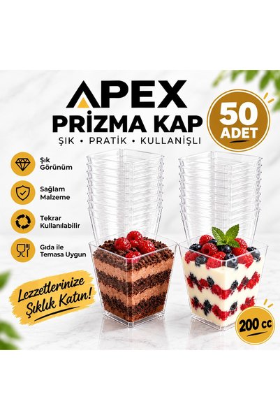 Apex Şeffaf Kristal Mika Sert Plastik Kübik Prizma Kase 200 cc 50 Adet Kapaks...