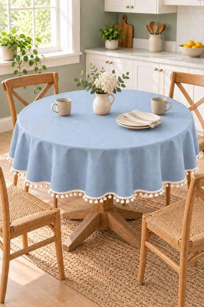 Soft Kare Pompom Detailed Round Tablecloth – Liquid-Resistant, Stain-Proof, D...