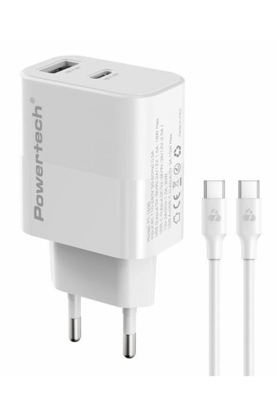 POWERTECH Φορτιστής GaN με θύρα USB-A και θύρα USB-C και καλώδιο USB-C σε USB...