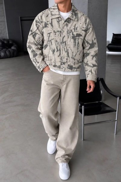 MADZEYMODA Men's Beige Tie-Dye Patterned Jean Jacket – Comfortable Fit, Butto...