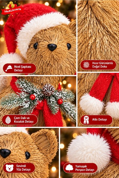Bkmc Yılbaşı Ayı Figürü 40 cm Hasır Görünümlü Noel Şapkalı Atkılı Çam Dalı Detaylı Dekoratif Yılbaşı Süsü
