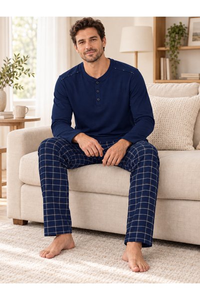 Lena Homewears Men's Plaid Detailed Biskelet Collar Long Sleeve Cotton Pajama...