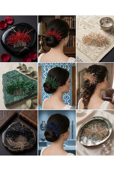 HOŞGÖR ACCESSORIES فستان سهرة مزين بالكريستال مع مشبك على شكل مشط بلون بني فاتح