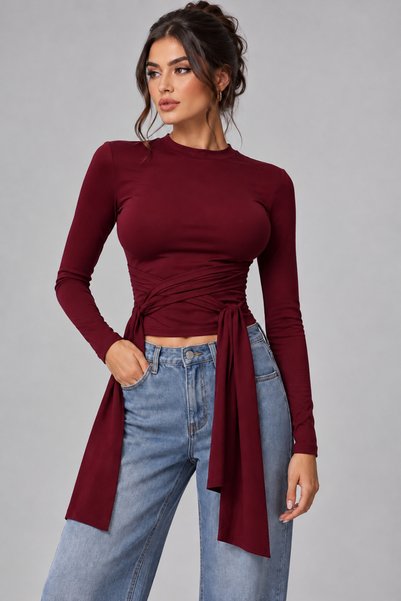 WESSA Bordo Bisiklet Yaka Uzun Kollu Belden Bağlamalı Drapeli Crop Bluz