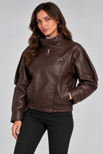Maison Rae Women's Brown Oversize Faux Leather Jacket – High Collar Asymmetri...