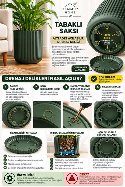 TEMMUZ HOME 10,5 Litre Lotus Tabaklı Dekoratif Çiçek Saksısı – Modern Çizgili Tasarım, Drenaj Delikli, İç ve Dış Mekân Uyumlu