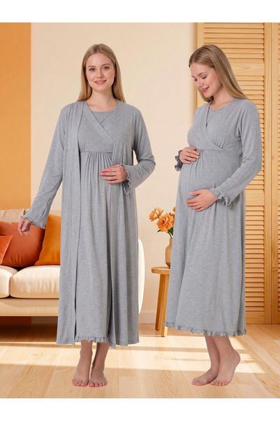 Lohusa Homewear New Season Gray Double-Breasted Collar Breastfeeding-Friendly...