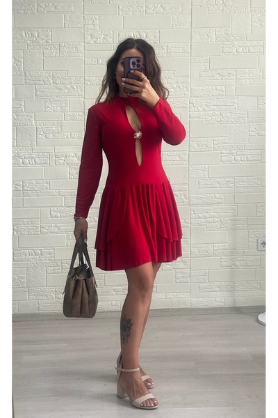 Derya Akyol Red Chest-Cut Out Metallic Button Detailed Double Layered Mini Dress