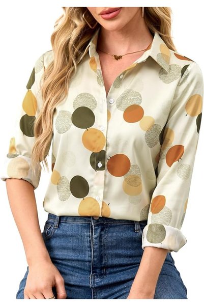 GENERAL Wrinkle-Resistant Silky Women Printed Button Down Shirt Long Sleeve