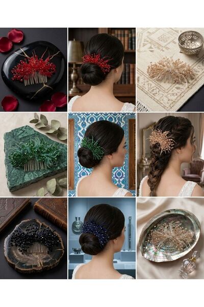 HOŞGÖR ACCESSORIES فستان سهرة مزين بالكريستال مع مشبك على شكل مشط بلون بني فاتح