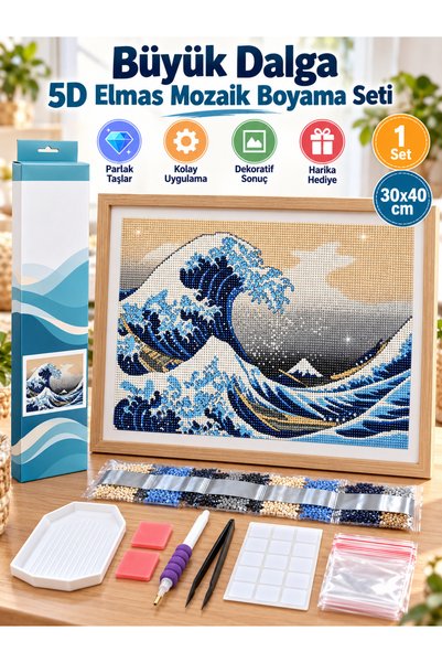 RAMDET Büyük Dalga 5D Elmas Boyama Goblen 30x40 cm Boncuk Puzzle Taş İşleme M...