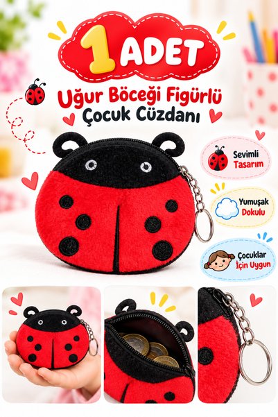 ALL FAST Uğur Böceği Figürlü Peluş Çocuk Cüzdanı – Fermuarlı Bozuk Para Çanta...