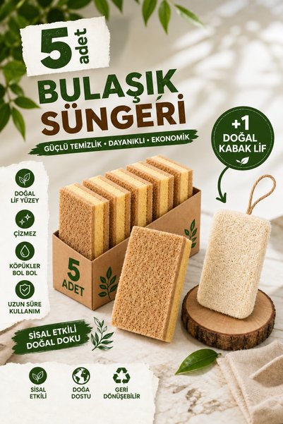 DUFF CLEAN 5ADET Bitkisel Lifli Bulaşık Süngeri+ Kabak Lif Hediyeli