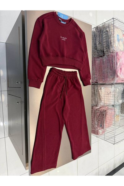Motebarn Wear Kız Çocuk Bordo Nakışlı Crop Sweatshirt ve Geniş Paça Eşofman Altı İkili Takım