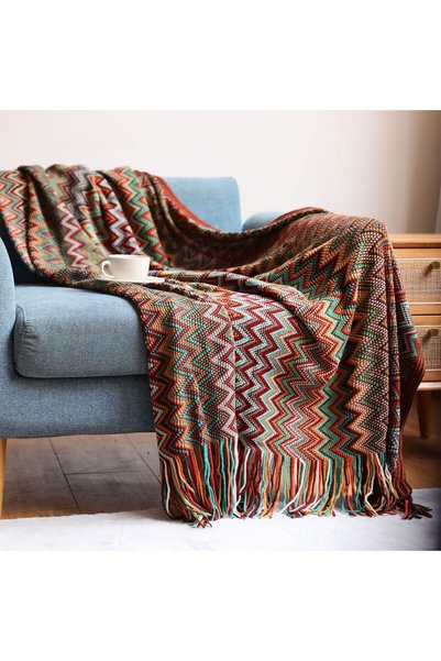 TRASSLE Bohemian Boho Throw Blankets, Knitted with Tassel, Outdoor Reversible...