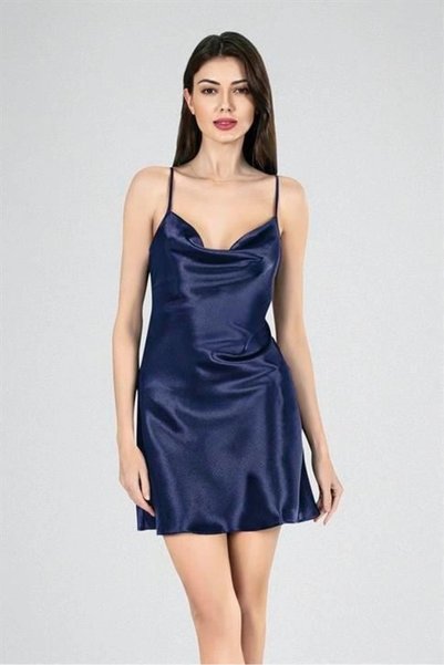 Marche Bien Elegant navy blue satin nightgown with a soft touch and a chic, l...