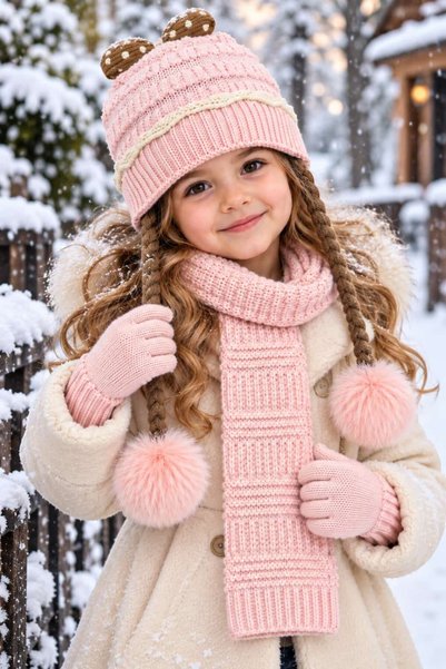 QUB CLUB Girl's Scarf Hat Gloves 3-Piece Set
