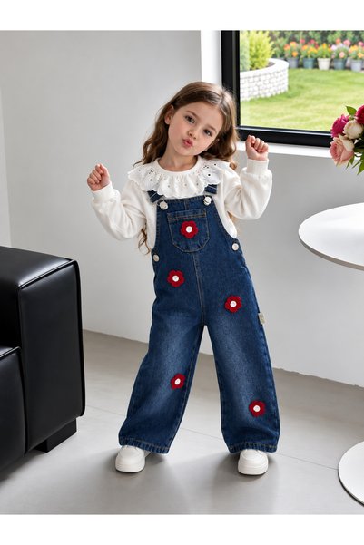 AduraKids Çiçek Aplikeli Kot Salopet ve Fisto Yakalı Bluz 2'li Kız Çocuk Takımı
