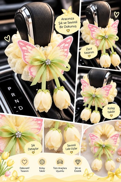TEMUNGUR Pastel Yellow Tulip Detailed Pendulum Car Gear Shift Ornament with B...