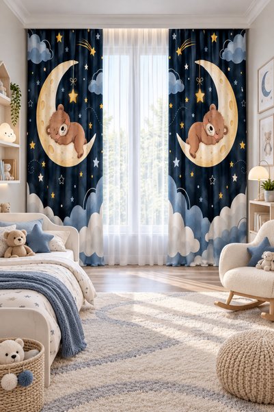 HOMESSA Star Patterned Double Winged Background Curtain with Teddy Bear