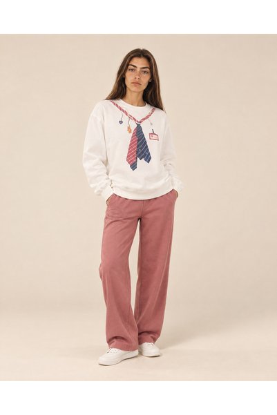 TOP CLOTHE سويت شيرت نسائي كاجوال بطبعة ربطة عنق ودبدوب، بلوفر شتوي بأكمام طويلة وياقة دائرية وقصة مريحة، مناسب للجامعة والخروجات – أبيض ورمادي