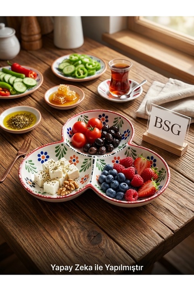BSGSHOP Handmade Ceramic 3-Compartment Snack Bowl & Sauce Bowl - Authentic Pa...