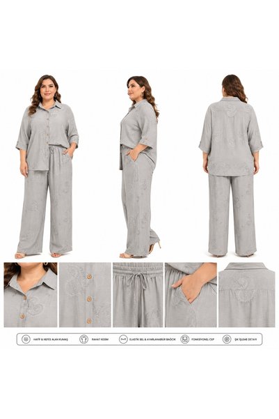 BİrHoşButik طقم ملابس عصري مقاس كبير بتفاصيل من الكتان المطرز، مع جيوب وأزرار...