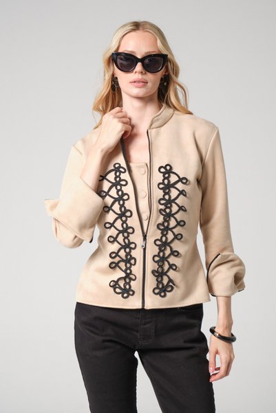 mayrem Nakış İşleme Detaylı Slim Fit Fermuarlı Kadın Süet Ceket