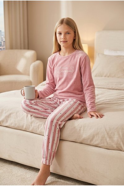GOOD NİGHT Kız Çocuk Pembe Kadife Pijama Takımı - "You Are Magical" Baskılı Ç...