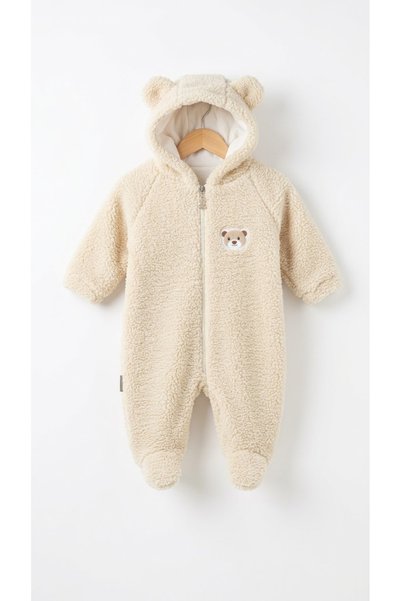 Genel Markalar Unisex Bebek Ayıcık Kulaklı Peluş Patikli Tulum Kapüşonlu Yumu...