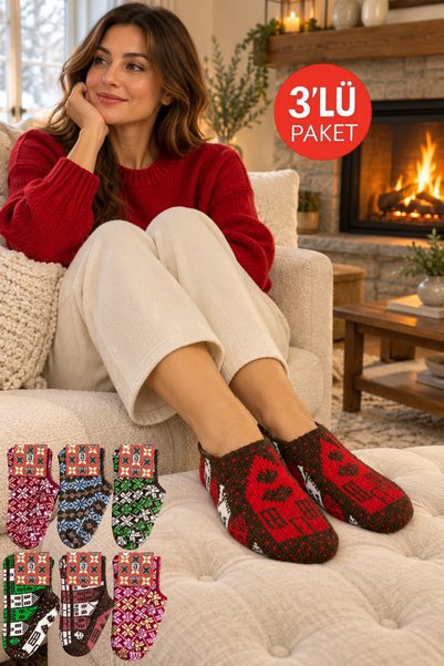 Onouqo 3 Pairs of Women's Ethnic Patterned Knitted Bootie Socks - 100% Wool W...